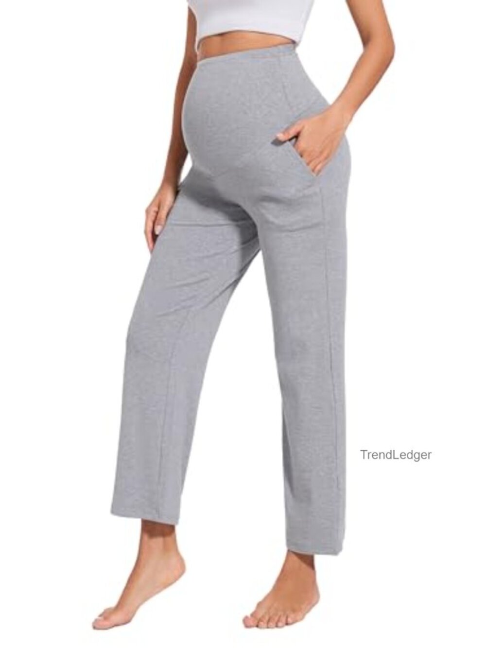 Maternity High Waisted Ribbed Lounge Pants Stretchy Palazzo Trousers Pockets